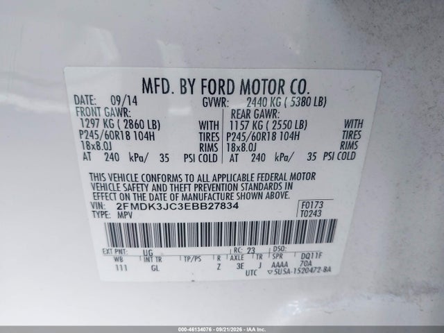 46134076 :رقم المزاد ، 2FMDK3JC3EBB27834 vin ، 2014 Ford Edge Sel مزاد بيع