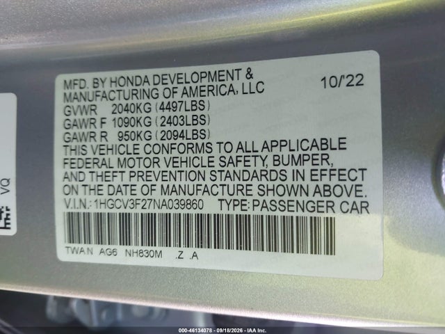46134078 :رقم المزاد ، 1HGCV3F27NA039860 vin ، 2022 Honda Accord Hybrid Sport مزاد بيع