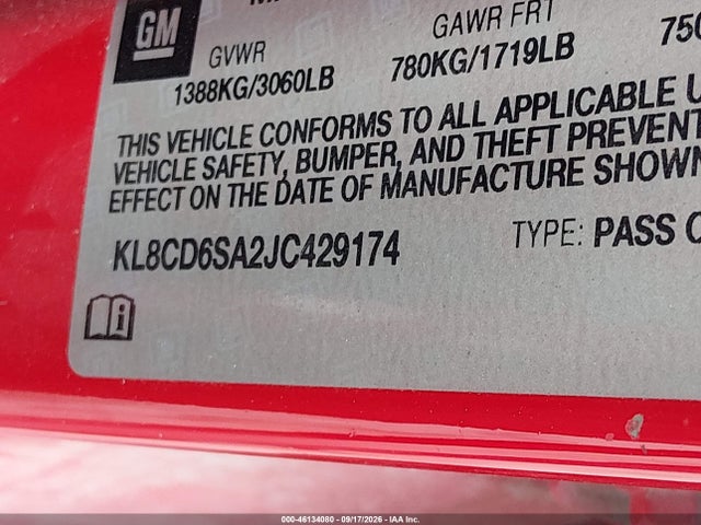 46134080 :رقم المزاد ، KL8CD6SA2JC429174 vin ، 2018 Chevrolet Spark 1lt Cvt مزاد بيع