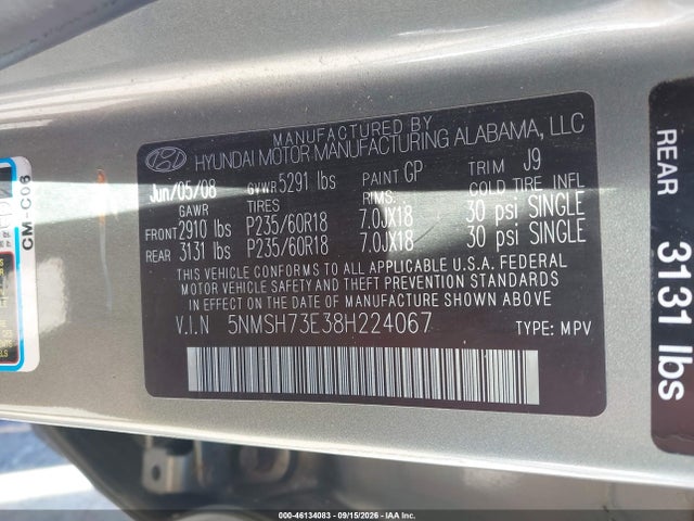 Продажа на аукционе авто 2008 Hyundai Santa Fe Limited/se, vin: 5NMSH73E38H224067, номер лота: 46134083