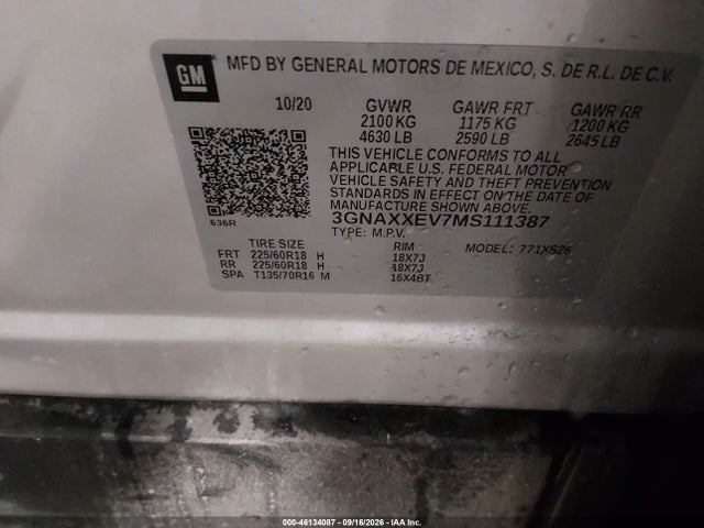 46134087 :رقم المزاد ، 3GNAXXEV7MS111387 vin ، 2021 Chevrolet Equinox Awd Premier مزاد بيع