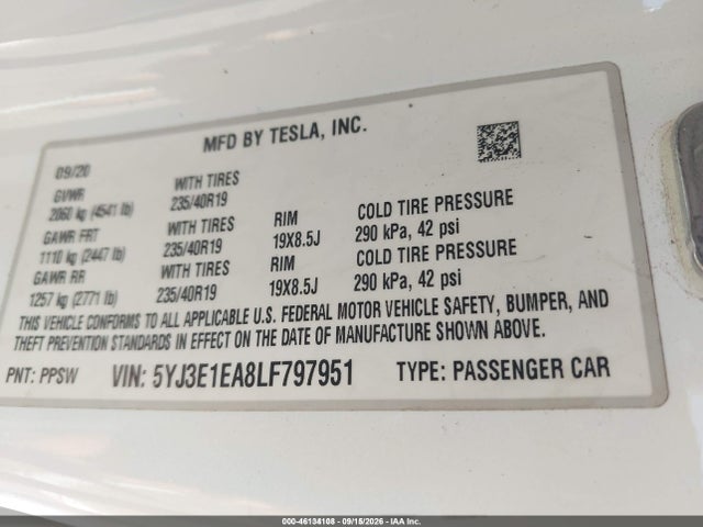 Aukcja sprzedaży 2020 Tesla Model 3 Standard Range Plus Rear-wheel Drive/standard Range Rear-wheel Drive, vin: 5YJ3E1EA8LF797951, numer aukcji: 46134108