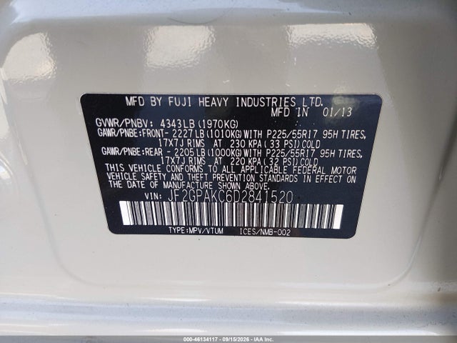 46134117 :رقم المزاد ، JF2GPAKC6D2841520 vin ، 2013 Subaru Xv Crosstrek 2.0i Limited مزاد بيع