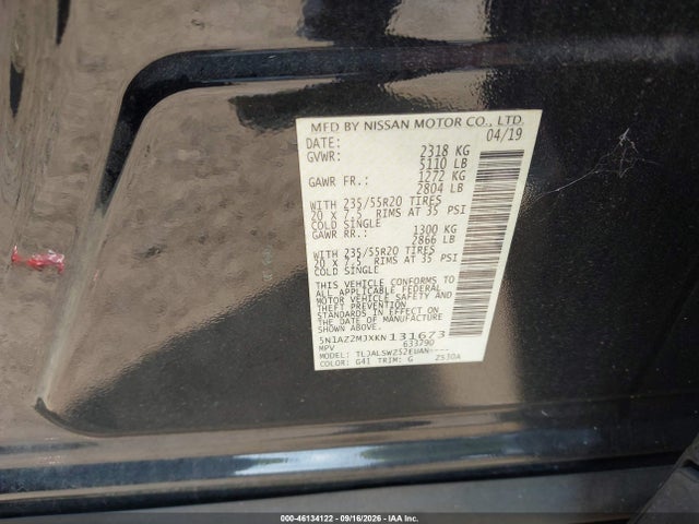2019 Nissan Murano Platinum მანქანა იყიდება აუქციონზე, vin: 5N1AZ2MJXKN131673, აუქციონის ნომერი: 46134122