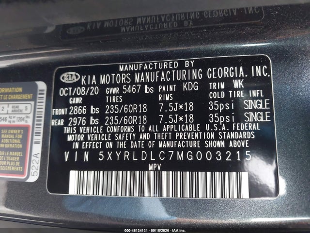 Aukcja sprzedaży 2021 Kia Sorento S, vin: 5XYRLDLC7MG003215, numer aukcji: 46134131