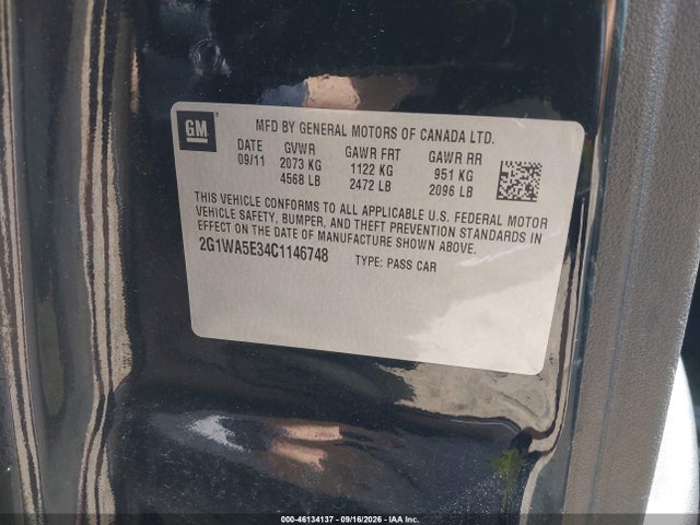 Продажа на аукционе авто 2012 Chevrolet Impala Ls, vin: 2G1WA5E34C1146748, номер лота: 46134137