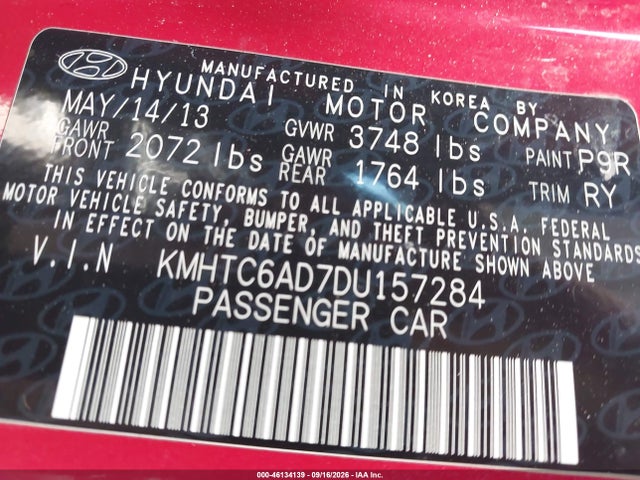 Продажа на аукционе авто 2013 Hyundai Veloster Base W/gray, vin: KMHTC6AD7DU157284, номер лота: 46134139