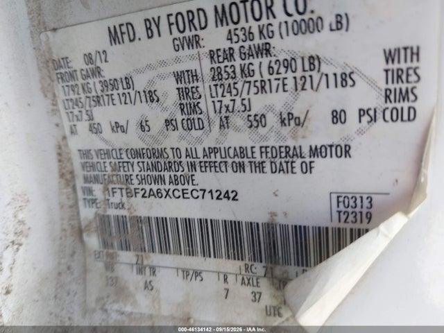 Aukcja sprzedaży 2012 Ford F-250 Xl, vin: 1FTBF2A6XCEC71242, numer aukcji: 46134142