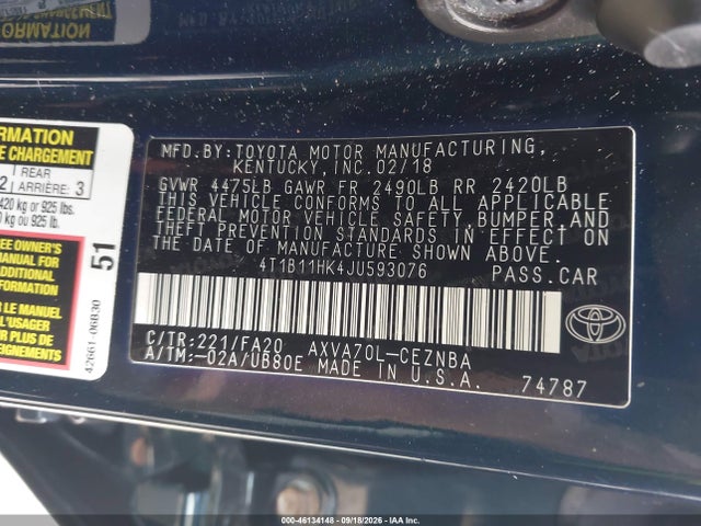 Aukcja sprzedaży 2018 Toyota Camry Le, vin: 4T1B11HK4JU593076, numer aukcji: 46134148