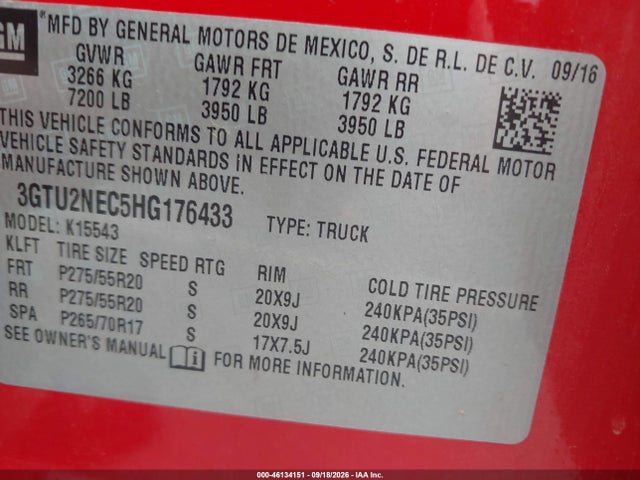2017 Gmc Sierra 1500 Slt მანქანა იყიდება აუქციონზე, vin: 3GTU2NEC5HG176433, აუქციონის ნომერი: 46134151