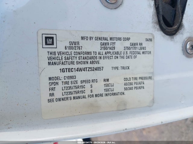 Продажа на аукционе авто 1996 Gmc Sierra C1500, vin: 1GTEC14W4TZ524057, номер лота: 46134178
