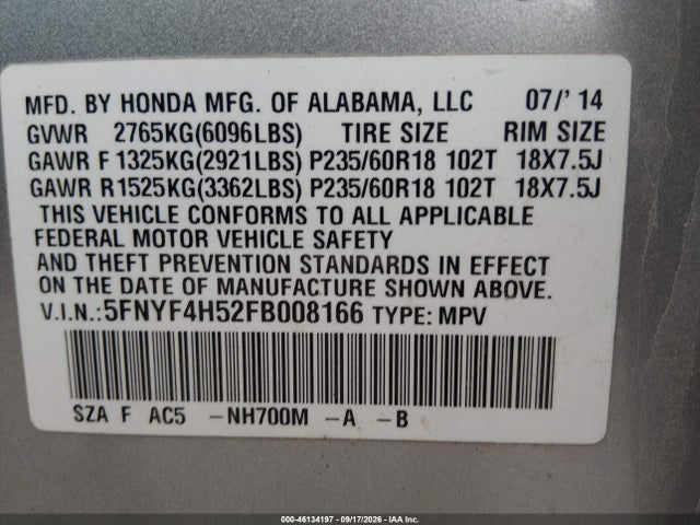 Продаж на аукціоні авто 2015 Honda Pilot Ex-l, vin: 5FNYF4H52FB008166, номер лоту: 46134197