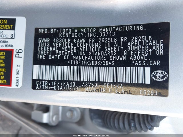 46134209 :رقم المزاد ، 4T1BF1FK2DU673646 vin ، 2013 Toyota Camry L مزاد بيع