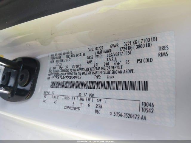 46134212 :رقم المزاد ، 1FTFX1L54RKD50462 vin ، 2024 Ford F-150 Xl مزاد بيع