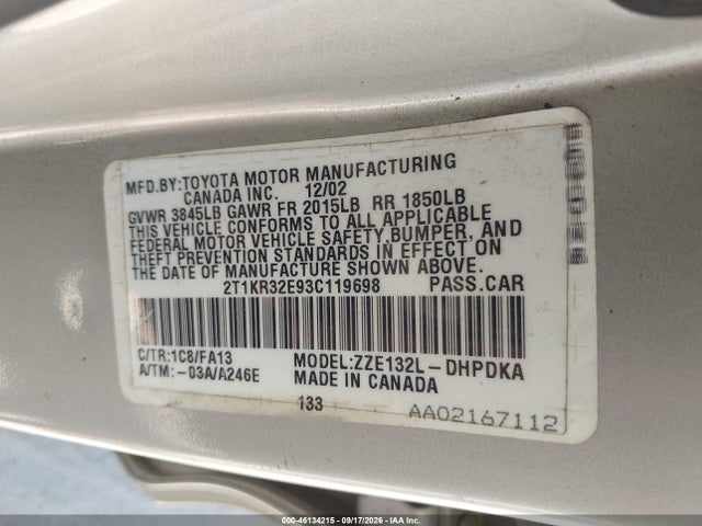 46134215 :رقم المزاد ، 2T1KR32E93C119698 vin ، 2003 Toyota Matrix Standard مزاد بيع