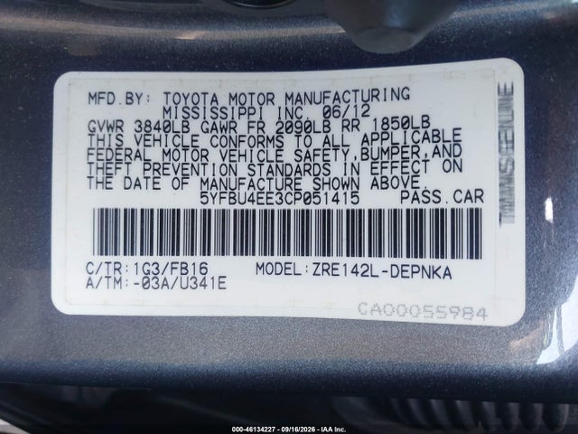 Продажа на аукционе авто 2012 Toyota Corolla Le, vin: 5YFBU4EE3CP051415, номер лота: 46134227