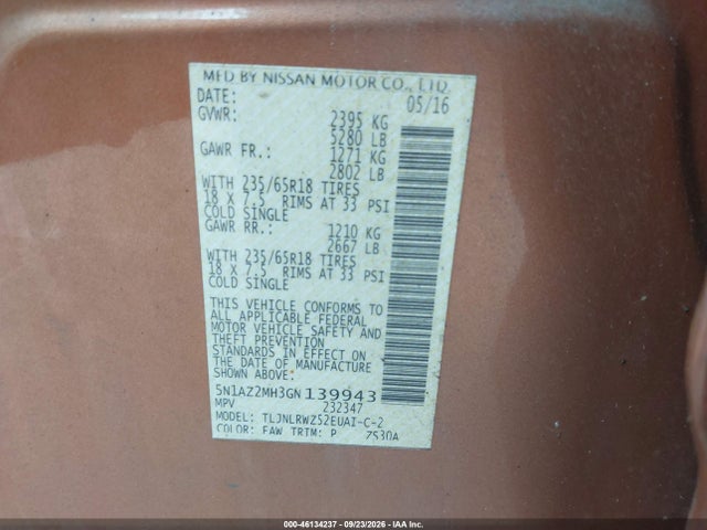 Aukcja sprzedaży 2016 Nissan Murano Sl, vin: 5N1AZ2MH3GN139943, numer aukcji: 46134237