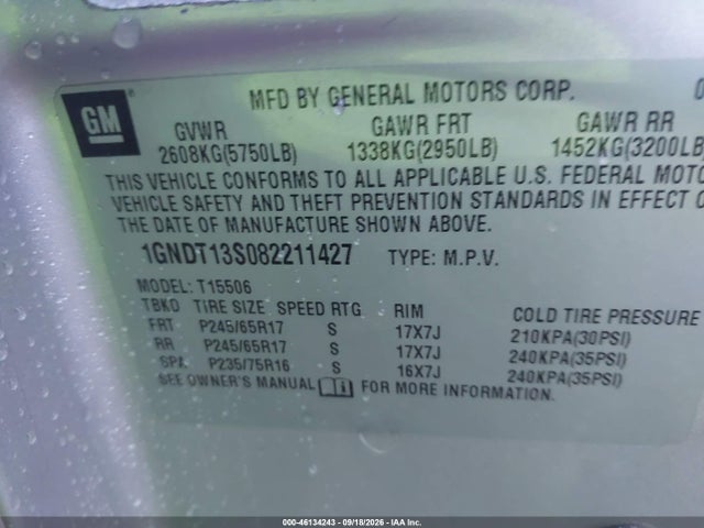 Продаж на аукціоні авто 2008 Chevrolet Trailblazer Lt, vin: 1GNDT13S082211427, номер лоту: 46134243