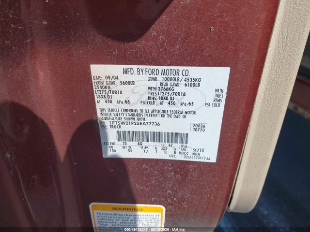 Продажа на аукционе авто 2005 Ford F-250 Lariat/xl/xlt, vin: 1FTSW21P25EA77736, номер лота: 46134247