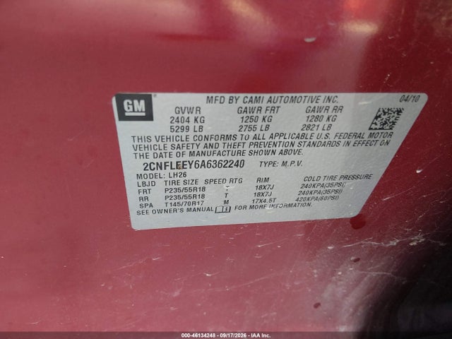 Aukcja sprzedaży 2010 Chevrolet Equinox Lt, vin: 2CNFLEEY6A6362240, numer aukcji: 46134248
