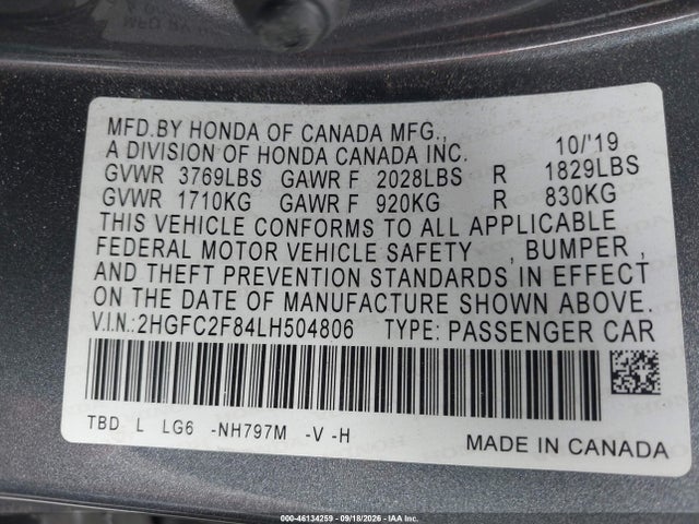 Продажа на аукционе авто 2020 Honda Civic Sport, vin: 2HGFC2F84LH504806, номер лота: 46134259