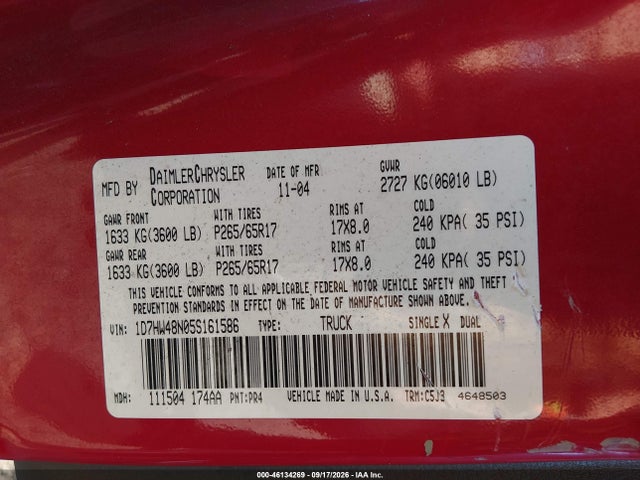 Продаж на аукціоні авто 2005 Dodge Dakota Slt, vin: 1D7HW48N05S161586, номер лоту: 46134269