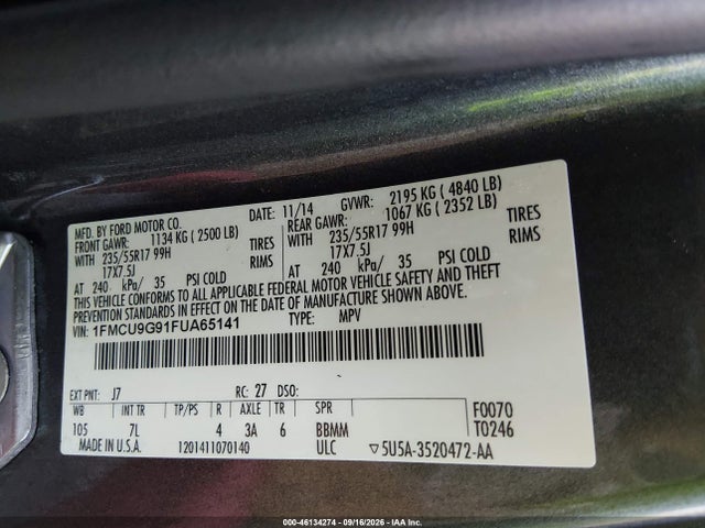 2015 Ford Escape Se მანქანა იყიდება აუქციონზე, vin: 1FMCU9G91FUA65141, აუქციონის ნომერი: 46134274