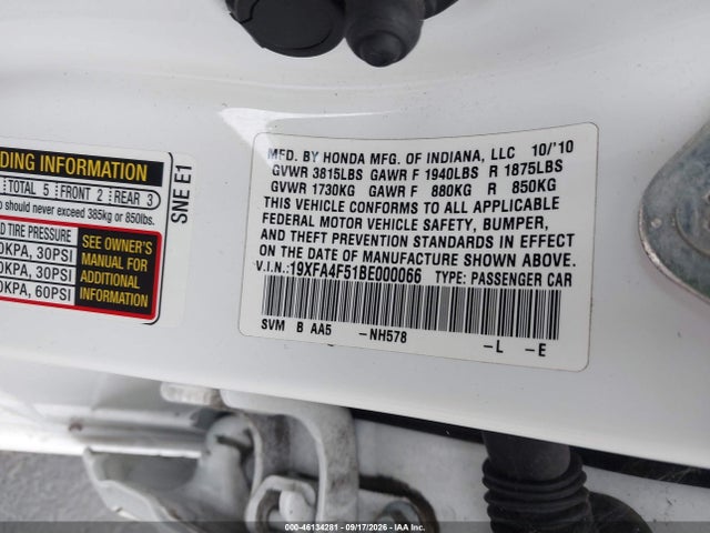 Продаж на аукціоні авто 2011 Honda Civic Gx, vin: 19XFA4F51BE000066, номер лоту: 46134281