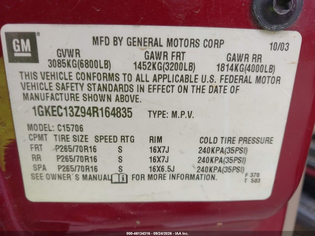 Aukcja sprzedaży 2004 Gmc Yukon Slt, vin: 1GKEC13Z94R164835, numer aukcji: 46134316