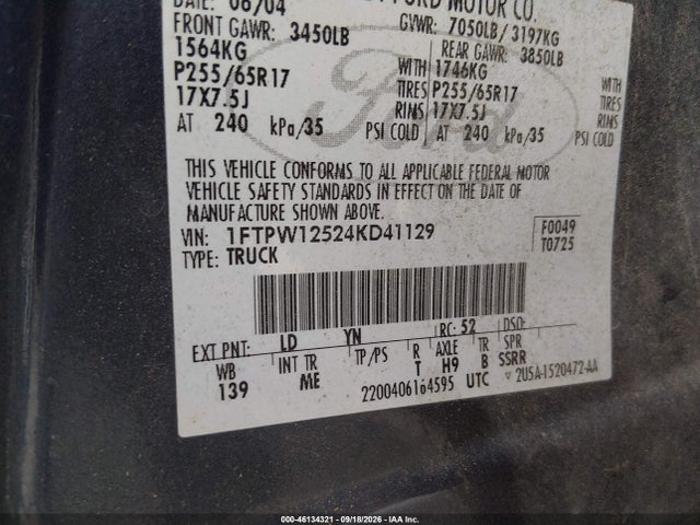 Aukcja sprzedaży 2004 Ford F-150 Lariat/xlt, vin: 1FTPW12524KD41129, numer aukcji: 46134321