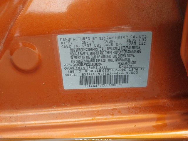 46134324 :رقم المزاد ، 3N1CN8FVXLL800024 vin ، 2020 Nissan Versa Sr Xtronic Cvt مزاد بيع