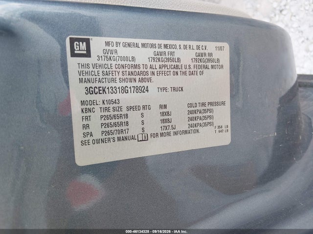 Aukcja sprzedaży 2008 Chevrolet Silverado 1500 Lt1, vin: 3GCEK13318G178924, numer aukcji: 46134328