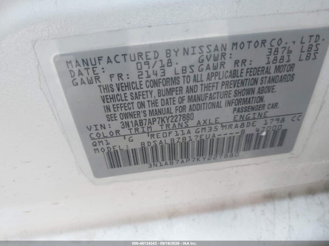 Aukcja sprzedaży 2019 Nissan Sentra S, vin: 3N1AB7AP7KY227880, numer aukcji: 46134343