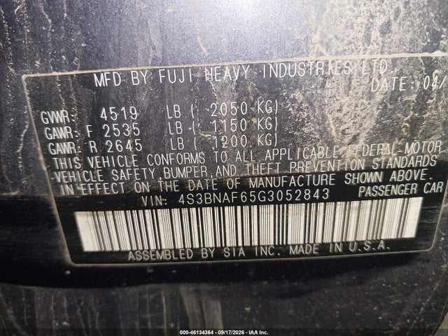 Auction sale of the 2016 Subaru Legacy 2.5i Premium, vin: 4S3BNAF65G3052843, lot number: 46134364
