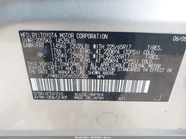 Aukcja sprzedaży 2008 Toyota Rav4, vin: JTMBD33V585205303, numer aukcji: 46134374
