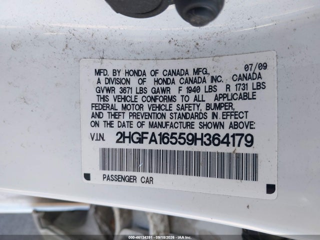 Aukcja sprzedaży 2009 Honda Civic Lx, vin: 2HGFA16559H364179, numer aukcji: 46134391