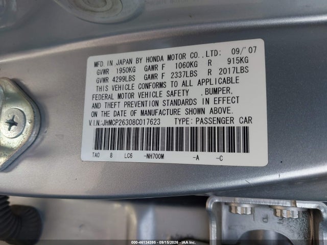 Aukcja sprzedaży 2008 Honda Accord 2.4 Lx, vin: JHMCP26308C017623, numer aukcji: 46134395