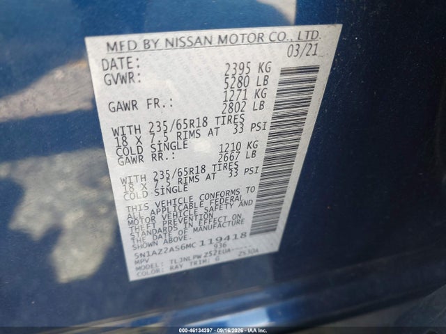 2021 Nissan Murano S Intelligent Awd მანქანა იყიდება აუქციონზე, vin: 5N1AZ2AS6MC119418, აუქციონის ნომერი: 46134397
