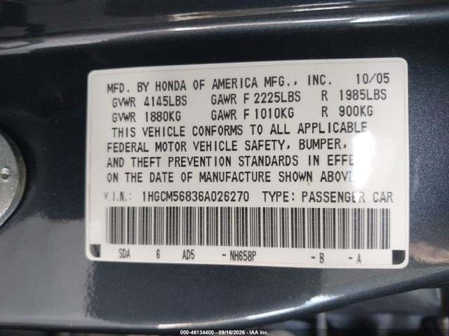 Aukcja sprzedaży 2006 Honda Accord 2.4 Ex, vin: 1HGCM56836A026270, numer aukcji: 46134400