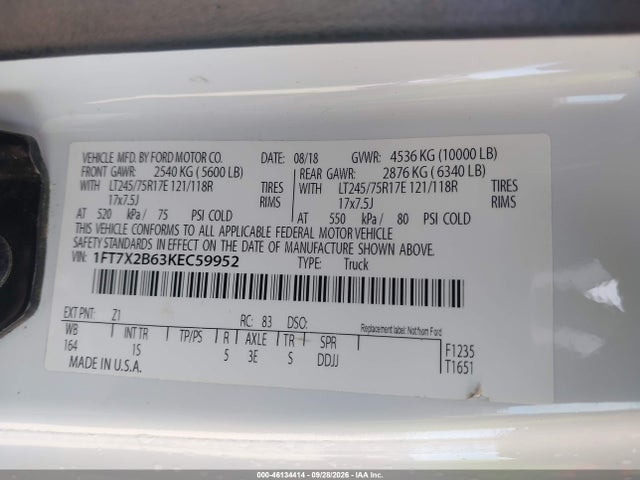 Продажа на аукционе авто 2019 Ford F-250 Xl, vin: 1FT7X2B63KEC59952, номер лота: 46134414