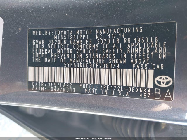 Auction sale of the 2015 Toyota Corolla Le Premium, vin: 5YFBURHE9FP238879, lot number: 46134420