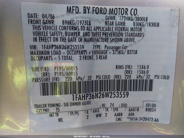 Продаж на аукціоні авто 2006 Ford Focus Zxw, vin: 1FAHP36N26W253559, номер лоту: 46134421