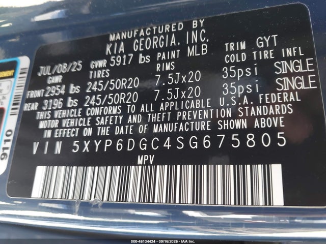 Продажа на аукционе авто 2025 Kia Telluride S, vin: 5XYP6DGC4SG675805, номер лота: 46134424