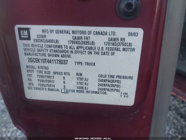 Aukcja sprzedaży 2004 Chevrolet Silverado 1500 Lt, vin: 2GCEK19T441178037, numer aukcji: 46134426