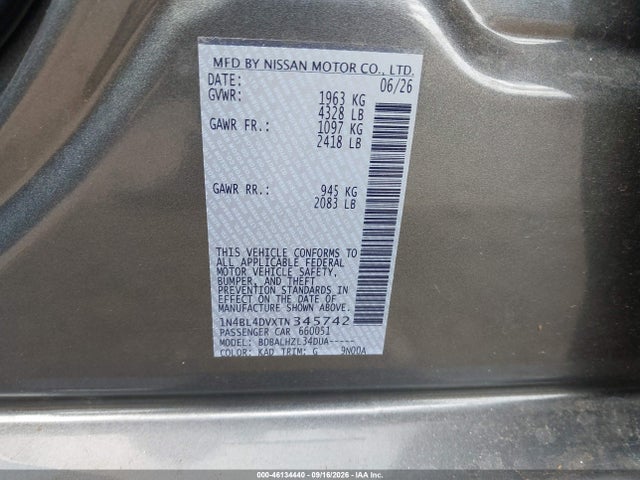 Продаж на аукціоні авто 2026 Nissan Altima Sv Fwd, vin: 1N4BL4DVXTN345742, номер лоту: 46134440