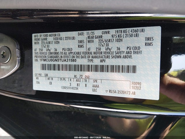 Aukcja sprzedaży 2026 Ford Escape Active, vin: 1FMCU0GN5TUA31580, numer aukcji: 46134442