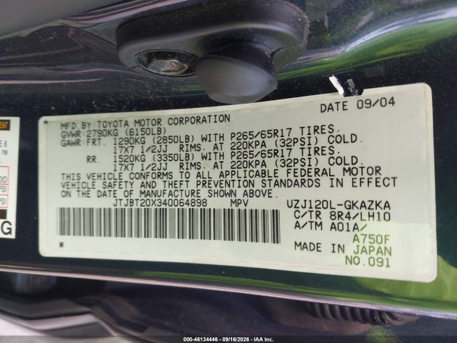 Продаж на аукціоні авто 2004 Lexus Gx 470, vin: JTJBT20X340064898, номер лоту: 46134446