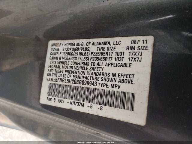 Продаж на аукціоні авто 2011 Honda Odyssey Lx, vin: 5FNRL5H20BB099943, номер лоту: 46134448