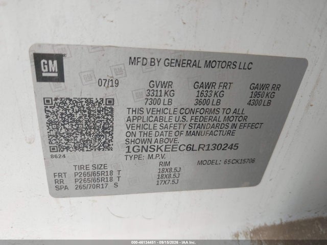 46134451 :رقم المزاد ، 1GNSKEEC6LR130245 vin ، 2020 Chevrolet Tahoe 4wd Commercial Fleet مزاد بيع