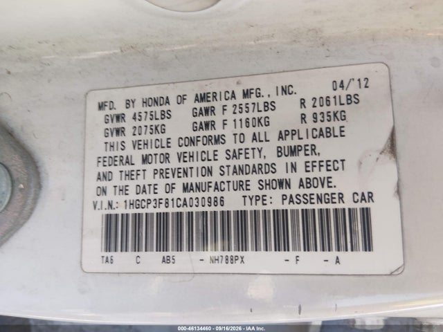 Продаж на аукціоні авто 2012 Honda Accord 3.5 Ex-l, vin: 1HGCP3F81CA030986, номер лоту: 46134460